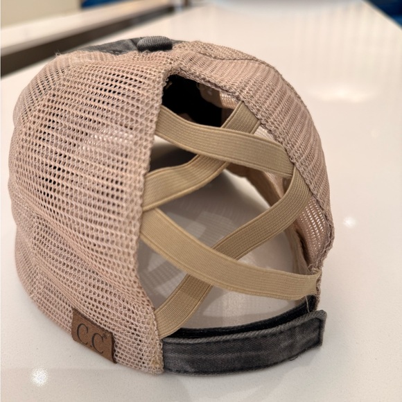 Upcycled LV Patch Distressed Trucker Hat CC Ponytail Cap Beige Gray Mesh